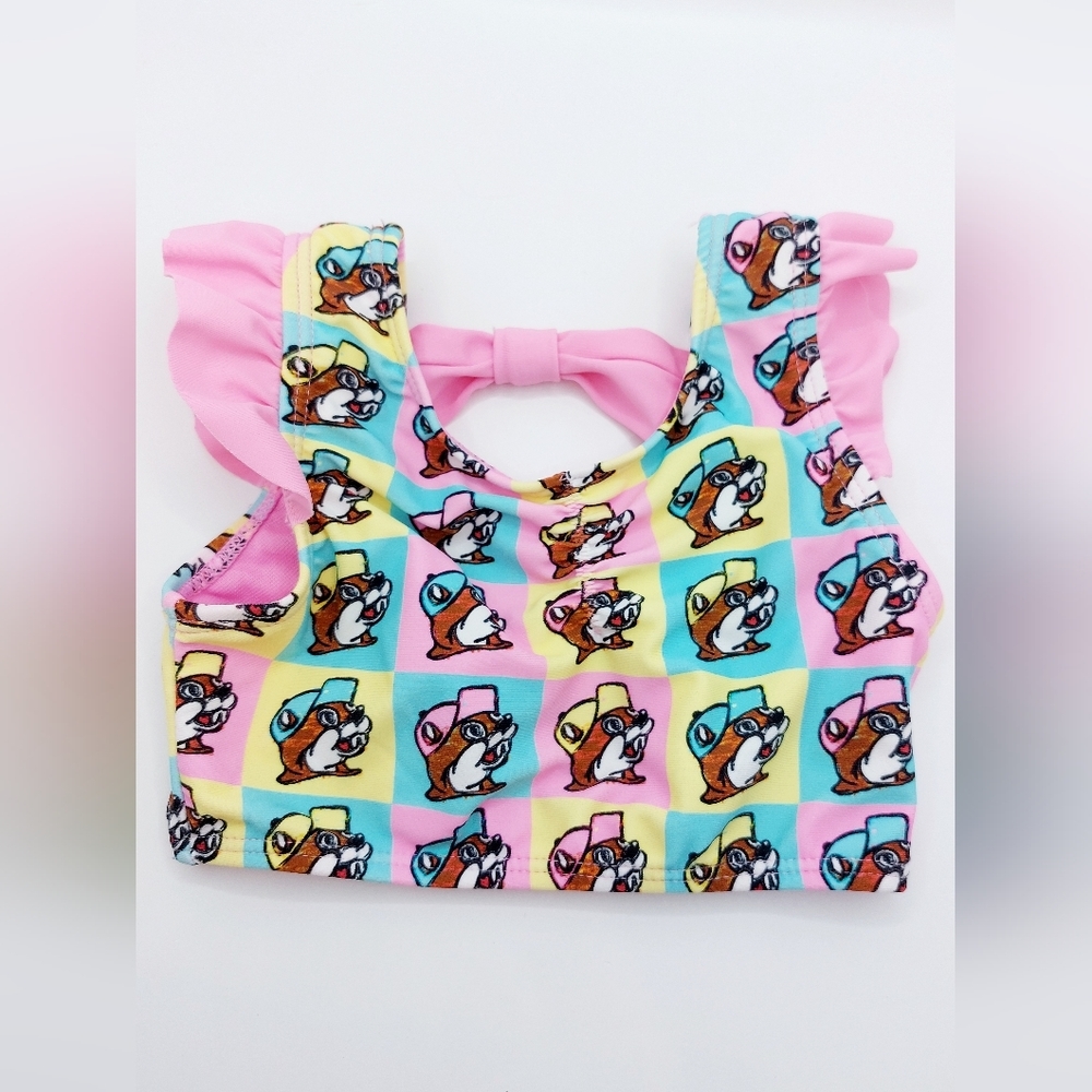 Bucees Beaver‎ Checkered Pink Yellow Blue Ruffle Baby Swim Top Sz 3-6 Mo